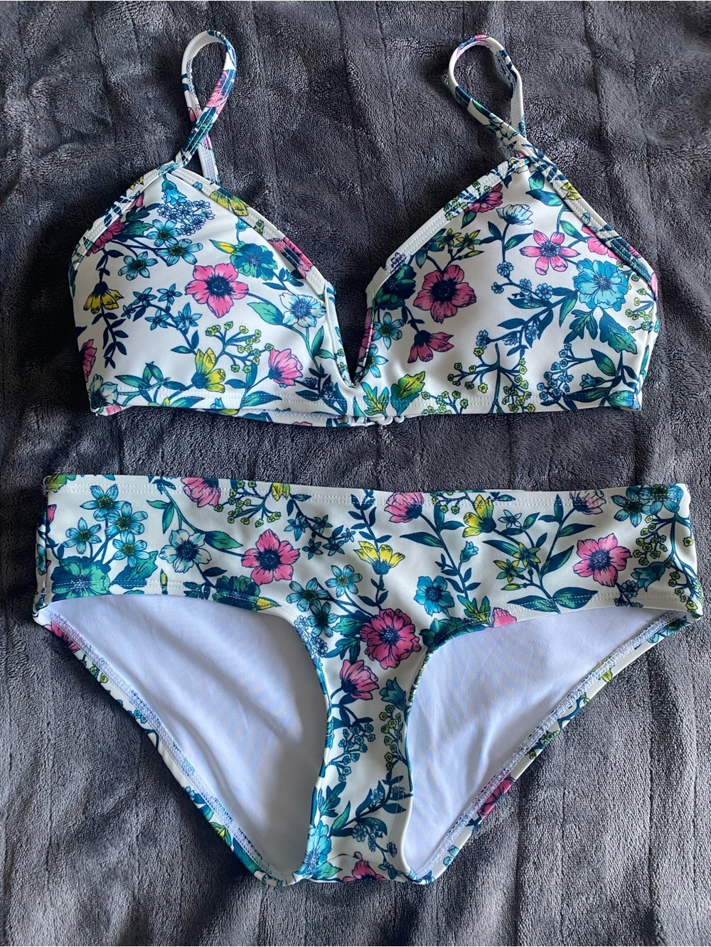 Floral Two-Piece Bikini Set in White with Pink, Blue & Green Flowers